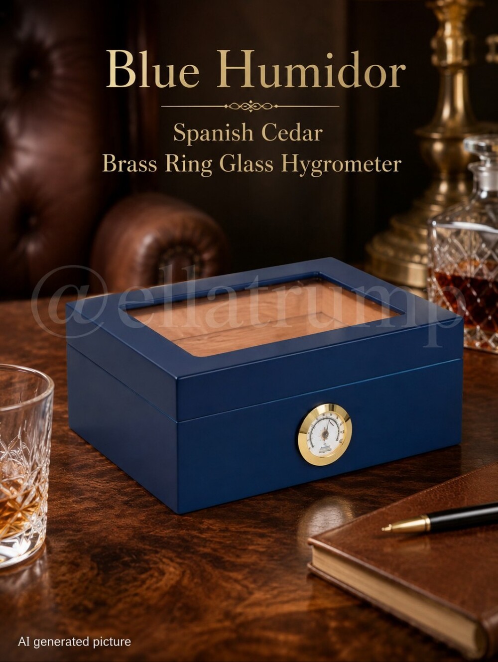 Blue Humidor Spanish Cedar Brass Ring Glass Hygrometer
